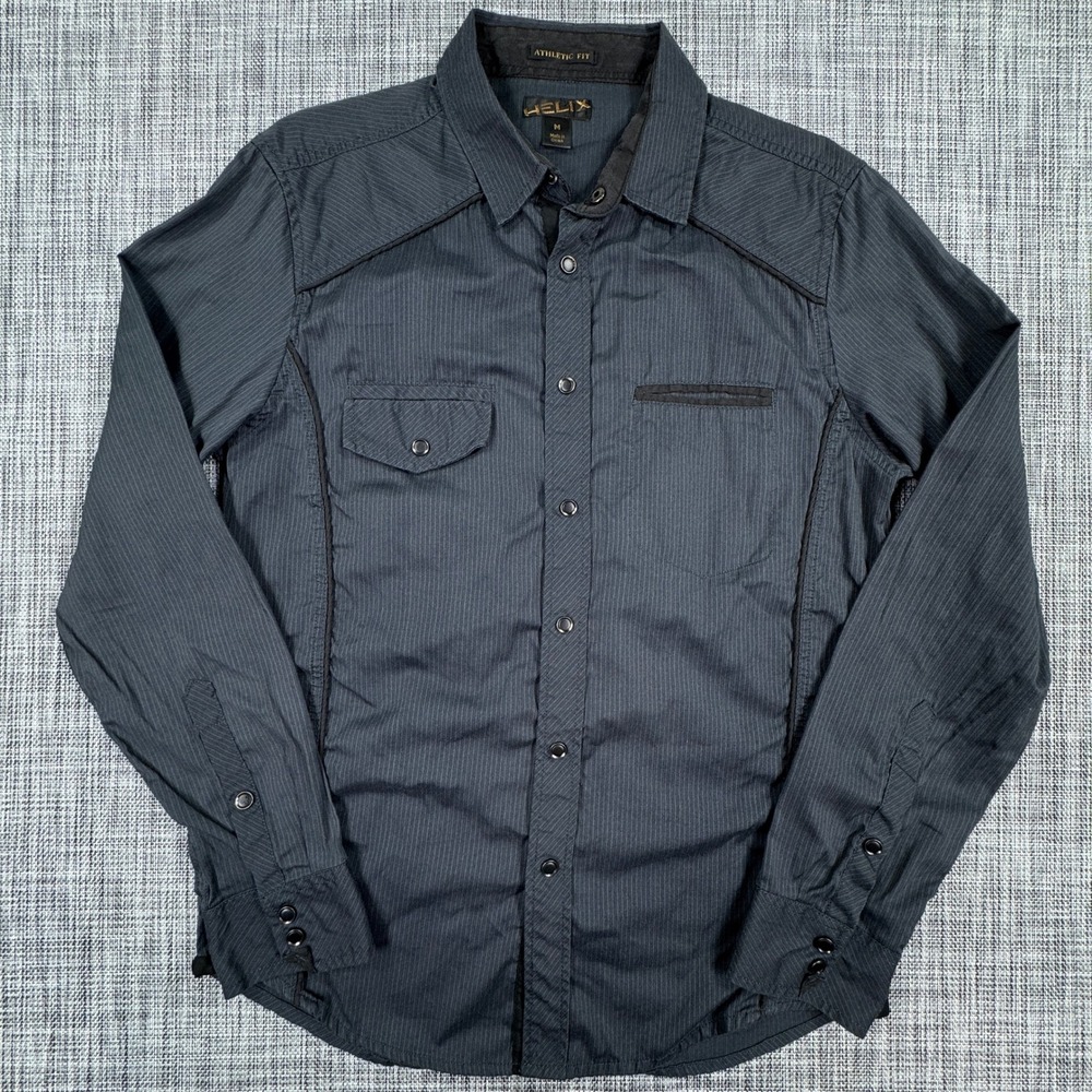 Helix Shirt Mens Medium Athletic Fit Charcoal Pinstripe Western Snap Long Sleeve